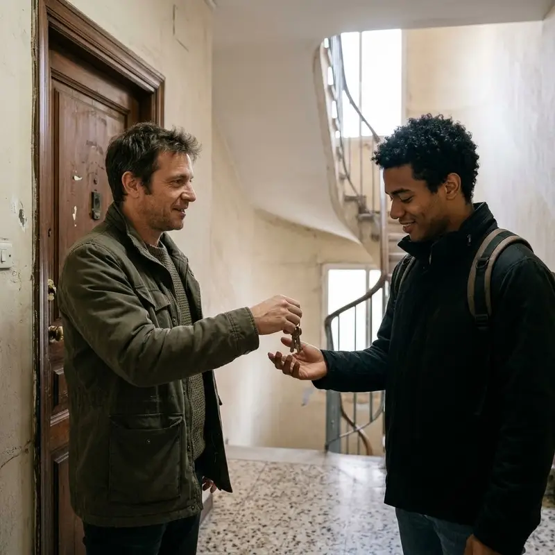 Hombre de unos cuarenta años entregando las llaves de un piso a un joven en el rellano