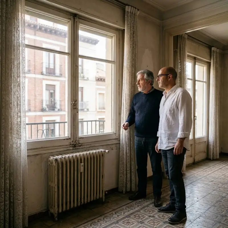 Dos hermanos de mediana edad mirando por la ventana de un piso antiguo de Madrid