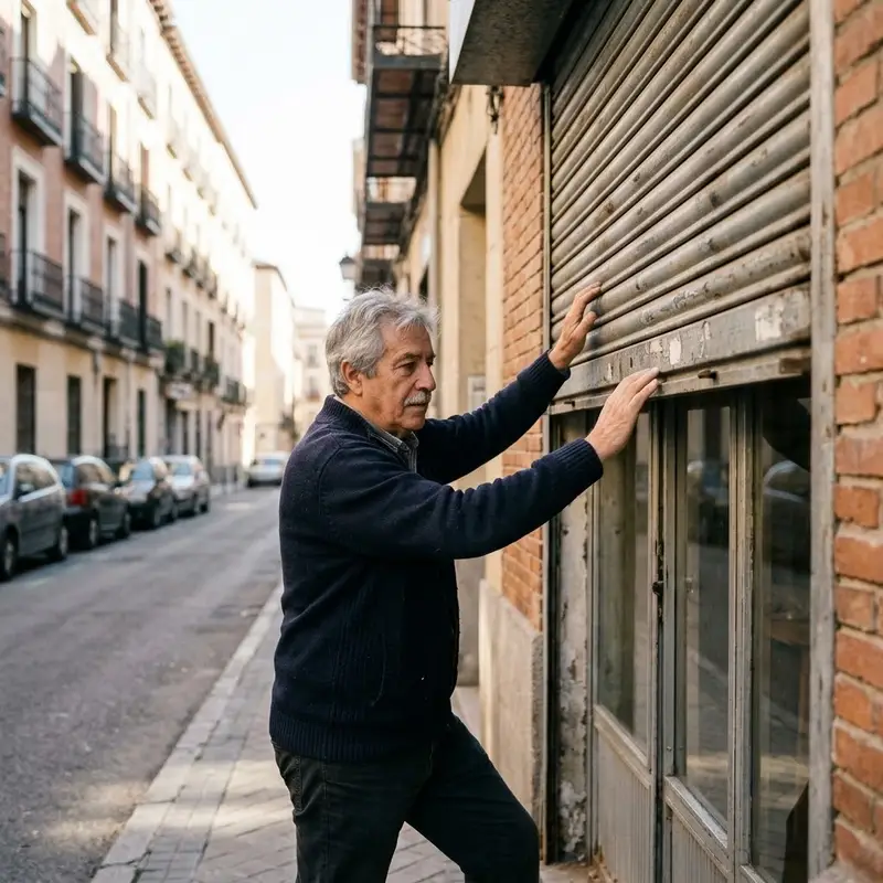 Hombre mayor subiendo la persiana metálica de su local de barrio por la mañana
