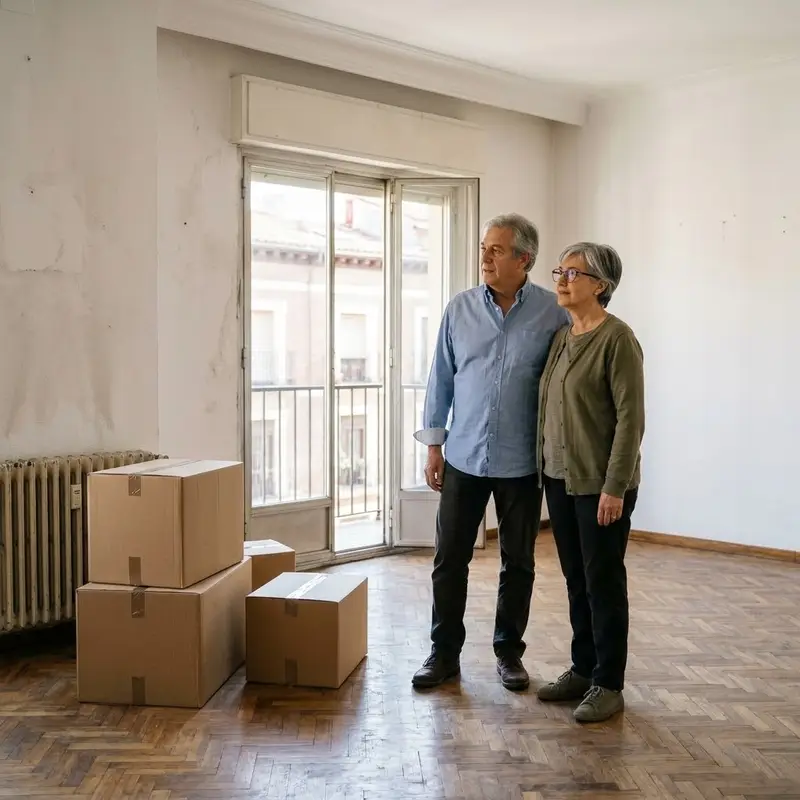 Pareja de unos sesenta años en el salón vacío de su piso con cajas de mudanza