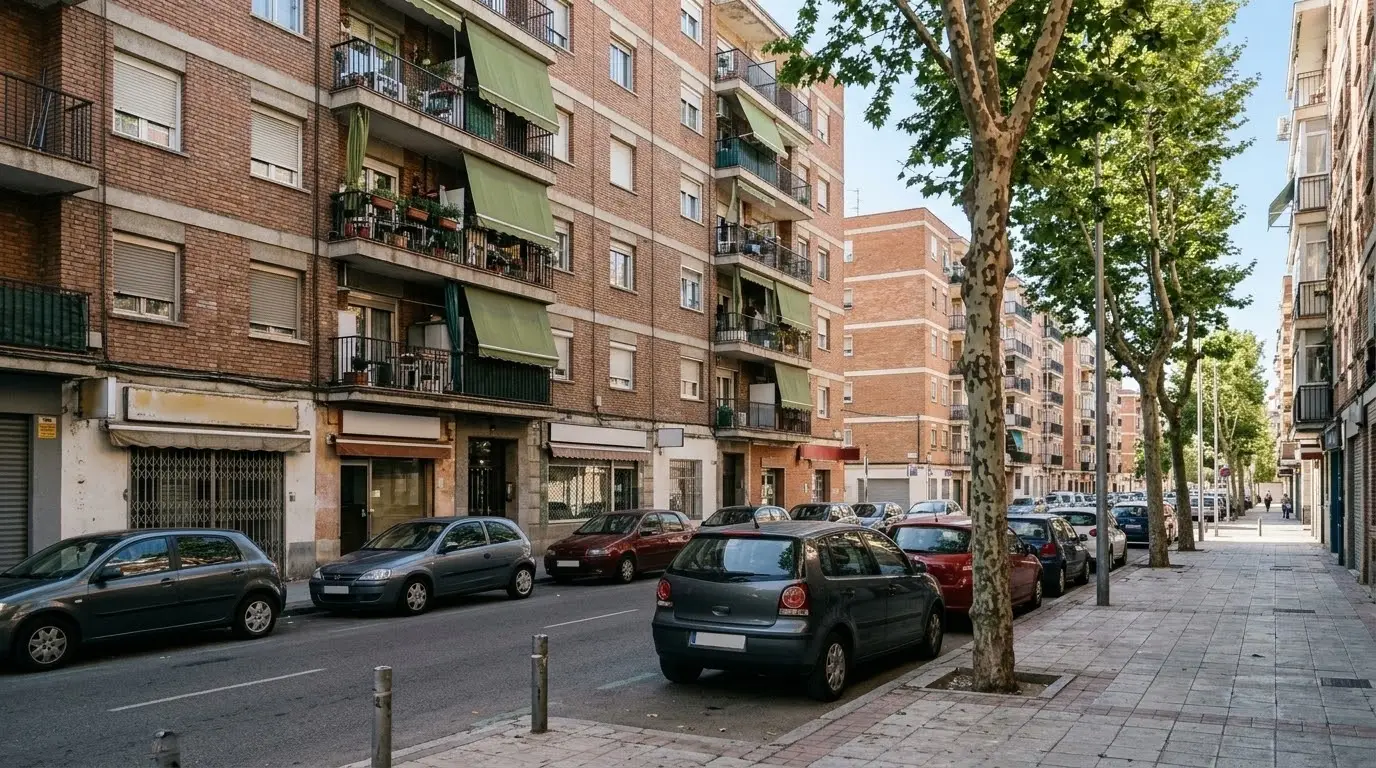 Calle de un barrio de Getafe con bloques de pisos de ladrillo de varias alturas, árboles y bajos comerciales