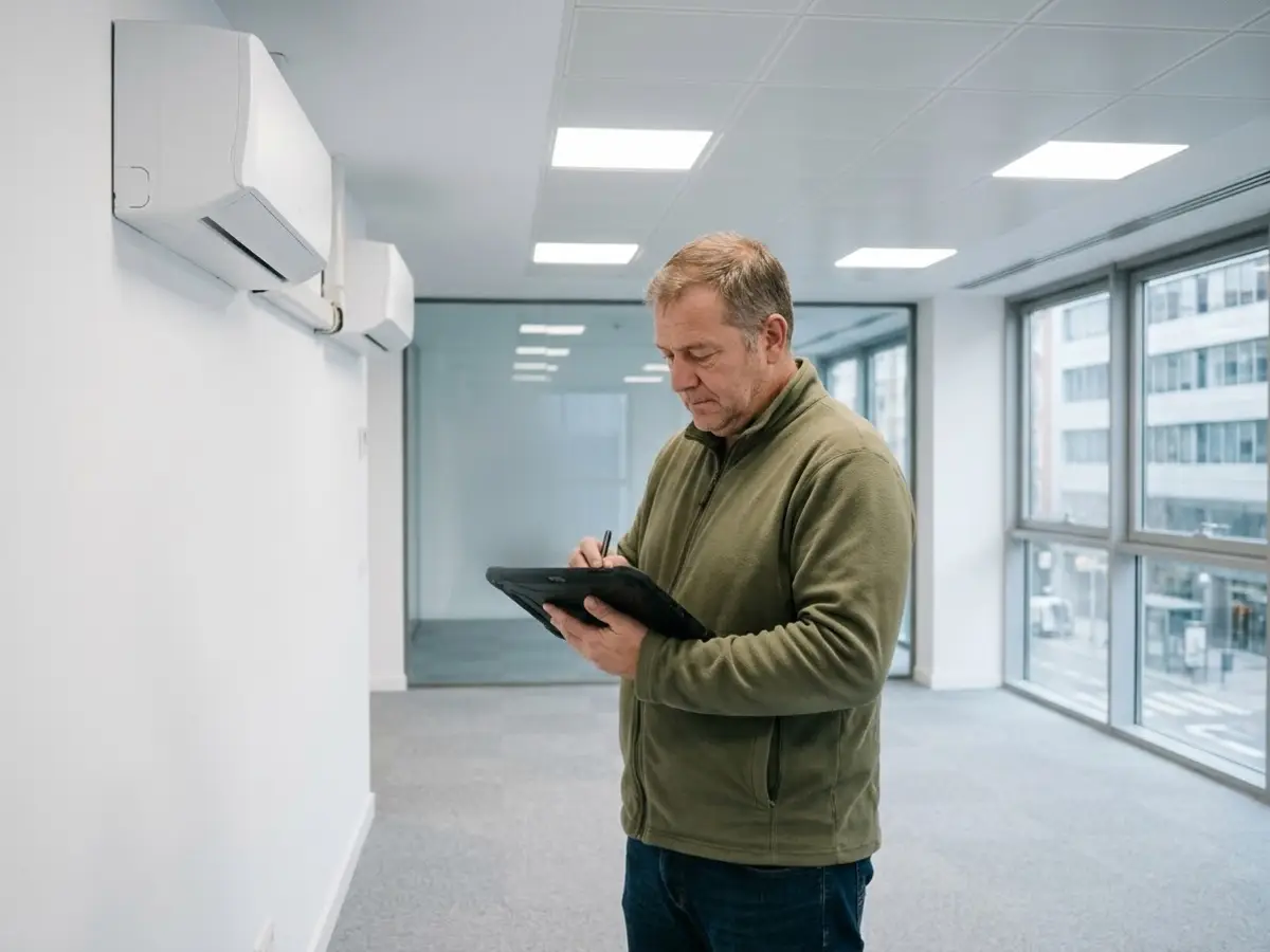 Técnico apuntando datos en una tableta junto a los aparatos de aire acondicionado de una oficina diáfana