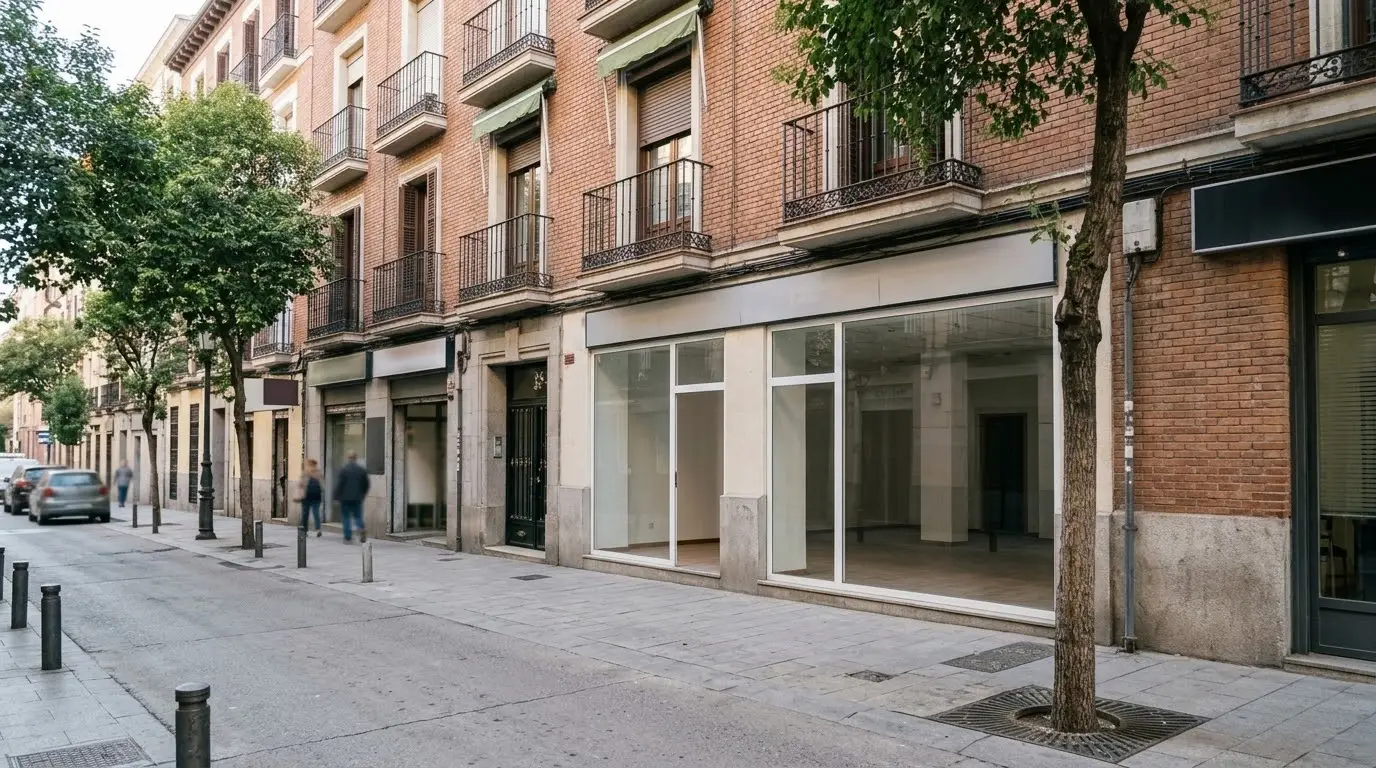 Calle comercial de un barrio de Madrid con varios locales a pie de calle y uno vacío con el escaparate limpio