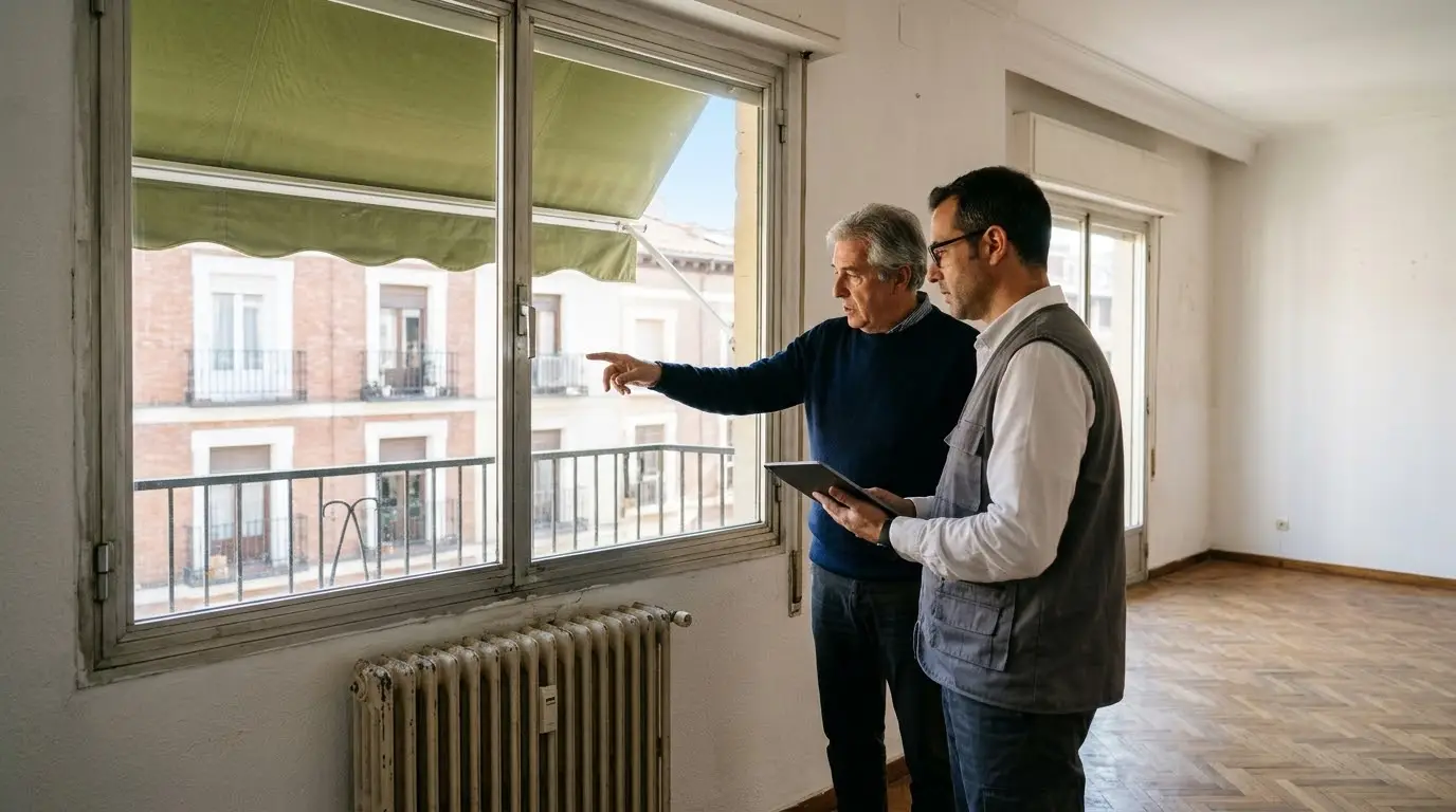 Técnico con una tableta revisando la ventana de un piso luminoso de Madrid junto a su propietario