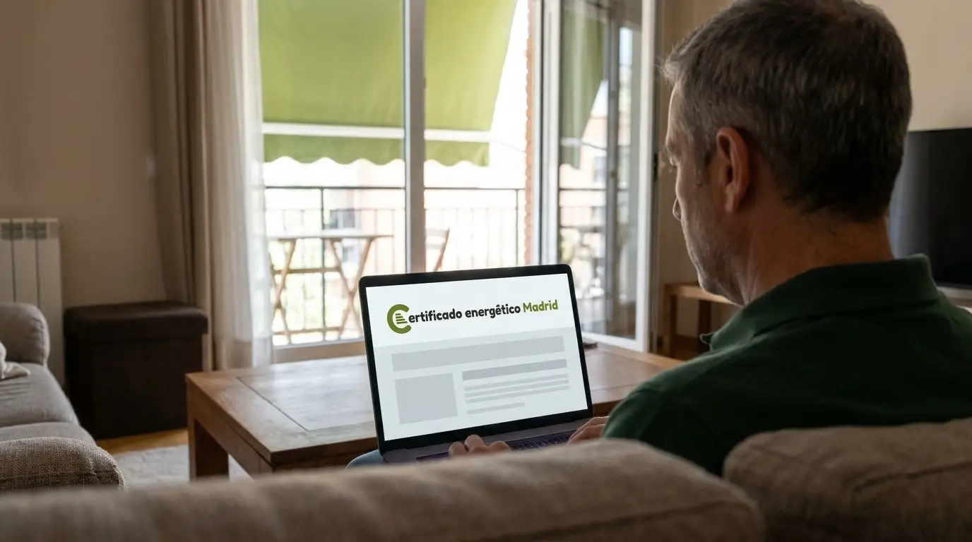 Hombre de unos cincuenta años mirando en el portátil el presupuesto del certificado energético de su piso
