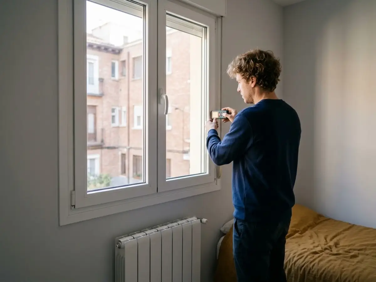 Técnico con chaleco gris midiendo con un medidor láser la ventana del salón de un piso