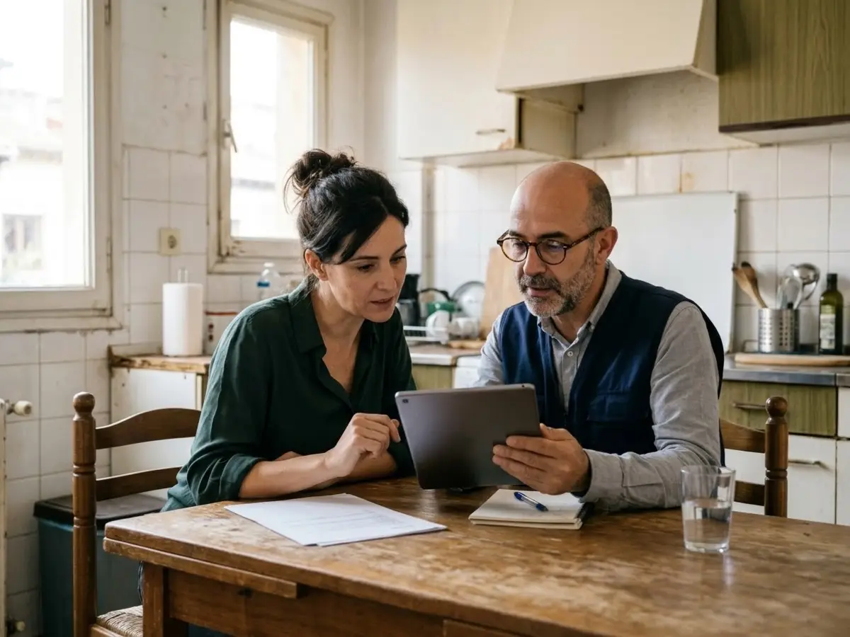 Mujer y técnico revisando juntos en una tableta los datos de su piso, sentados en la cocina