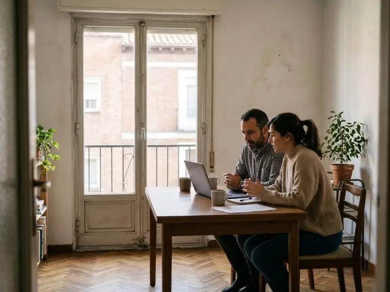 Pareja mirando un presupuesto en el portátil en la mesa del salón de su piso