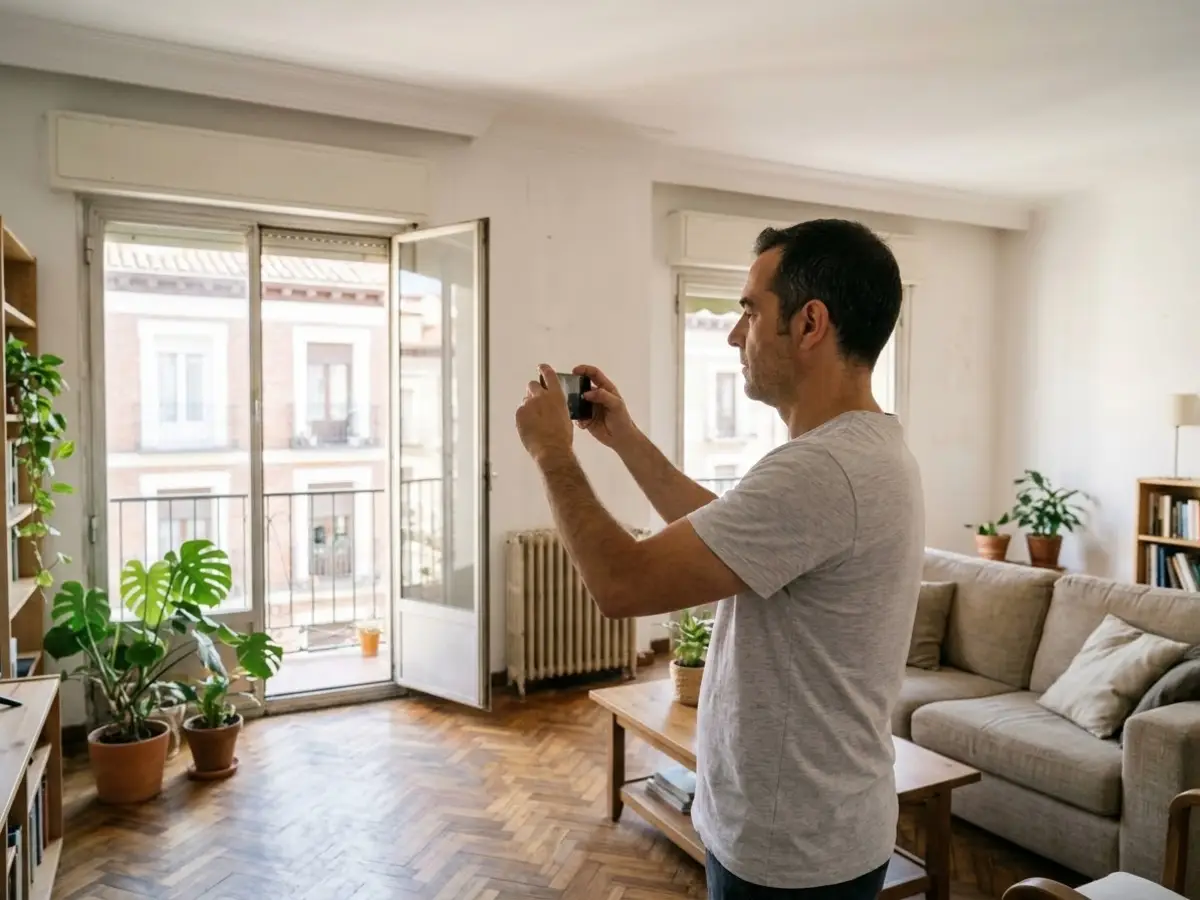 Hombre de unos cincuenta años sacando fotos del salón de su piso con el móvil para anunciarlo