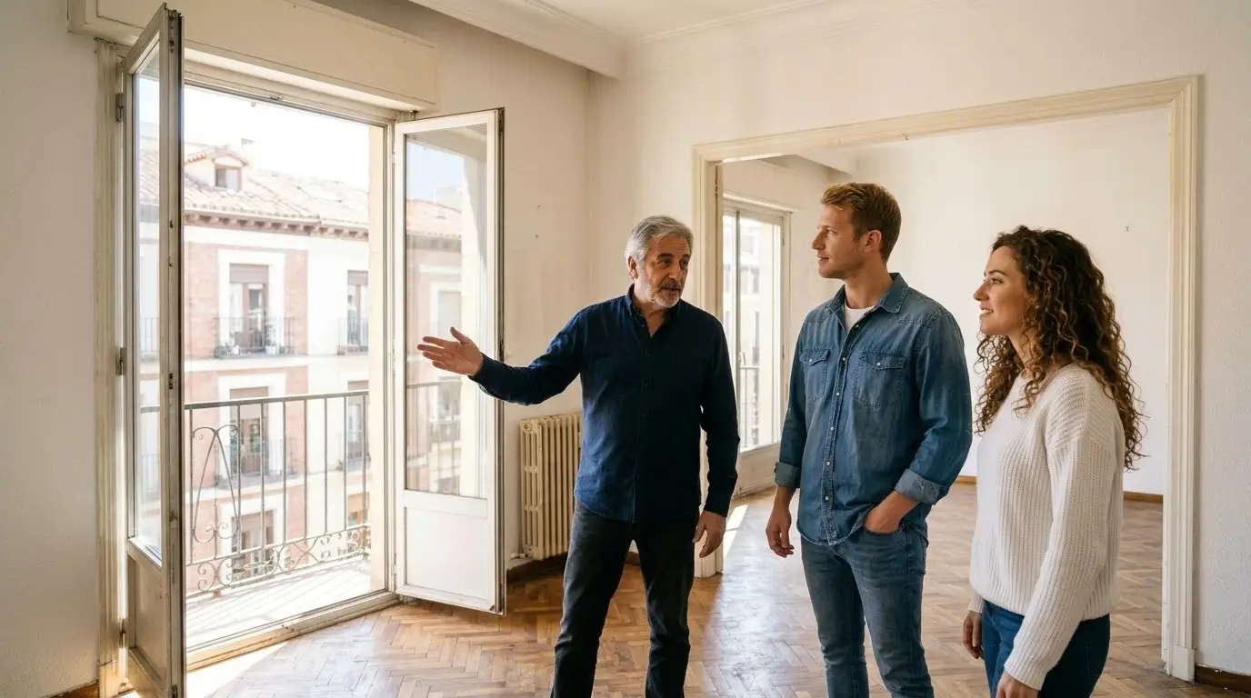 Pareja joven visitando un piso en venta con grandes ventanas, acompañada por el propietario